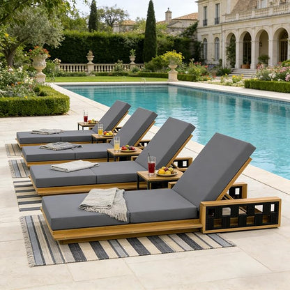 Merax Patio Chaise Lounge Set of 2, Acacia Wood Outdoor Reclining Chairs with 4-Position Adjustable Backrest, 2-Piece Sunbathing Recliner & 4" Thick Triple-fold Cushion for Poolside, Garden, Dark Gray