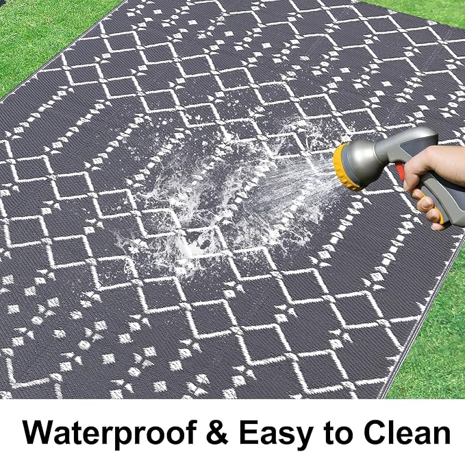 Smiry Outdoor Rug 6x9 ft Waterproof Reversible Boho Mat, Grey | Polypropylene Plastic Straw, Quick Drying, Lightweight Foldable, for Patio, Deck, RV Camping, Backyard and Indoor Outdoor Use