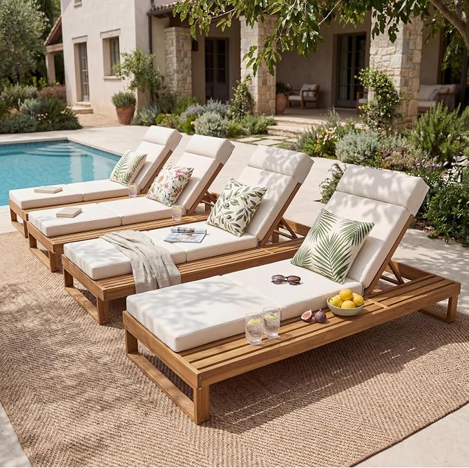 Merax 4-Piece Teak Finish Acacia Wood Chaise Lounge with 4-Inch Cream 4-Fold Cushion Set, Adjustable Outdoor Patio Lounger with Flat Side Surface, for Poolside