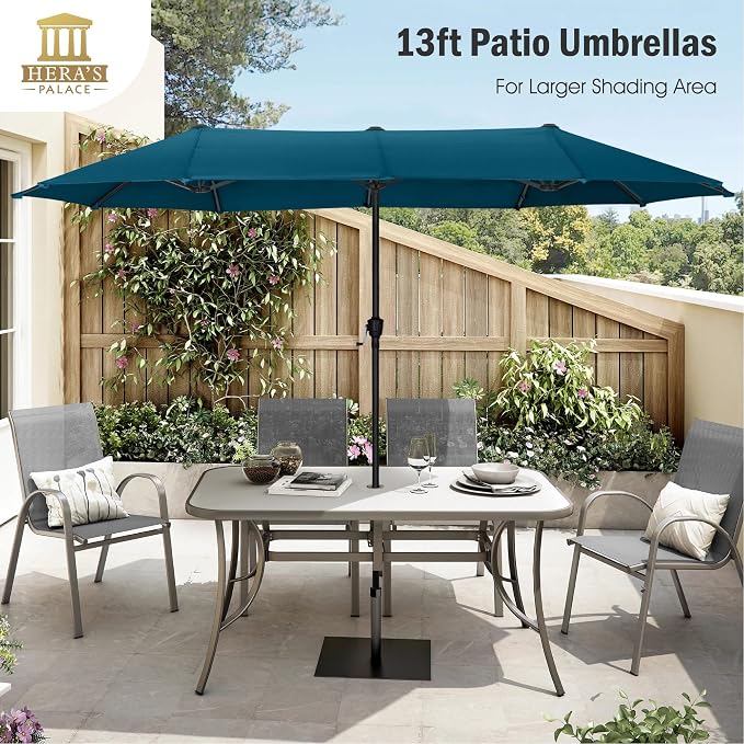 13 ft Large Double-Sided Patio Umbrella, Outdoor Umbrella, Cerulean | HERA'S PALACE Rectangular Umbrella, Market Umbrella with Crank Handle, Powerful UV Protective for Beach Pool Garden Backyard