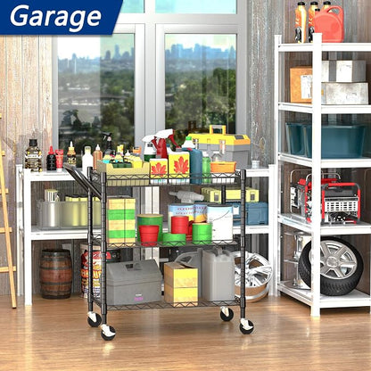 REGILLER 3 Tier Heavy Duty Rolling Utility Cart,18" D x 30" W x 36.6" H Rolling Carts with Wheels,Commercial Grade Metal with Handle Bar & Shelf Liner,Trolley Serving Storage Cart for Kitchen Black