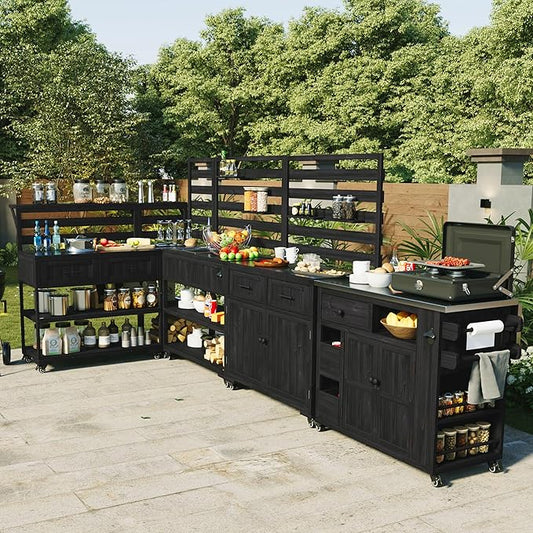 RUNNA 4-Piece Outdoor Rolling Kitchen Island with Sink w/Faucet, Solid Wood Grill Table with Storage Cabinets, Drawers, Stainless Table Top and Movable Shelves for Garden (Black#38)