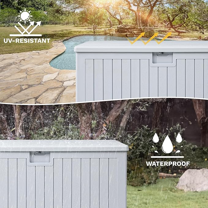 DWVO 180 Gallon Double-Wall Deck Box, XL Large Resin Outdoor Storage Box, Lockable & Waterproof, Double as Seating, 1000lbs Capacity (Grayish-White)