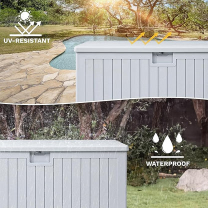 DWVO 180 Gallon Double-Wall Deck Box, XL Large Resin Outdoor Storage Box, Lockable & Waterproof, Double as Seating, 1000lbs Capacity (Grayish-White)