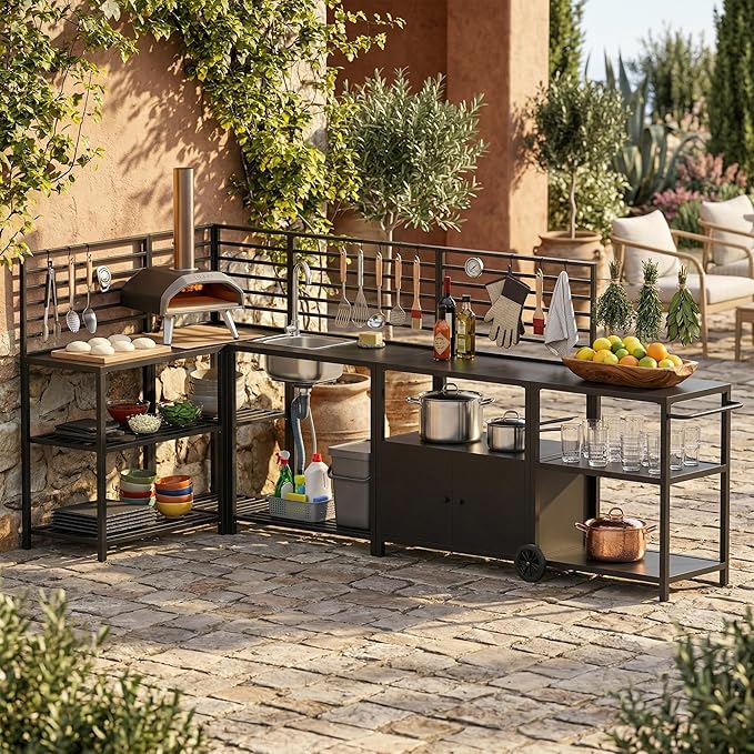 Vikiullf Aluminum Modular Outdoor Kitchen Island with Stainless Steel Sink, Movable Cart and Storage Cabinet, for Backyard BBQ, Porch Party (Black Corner)