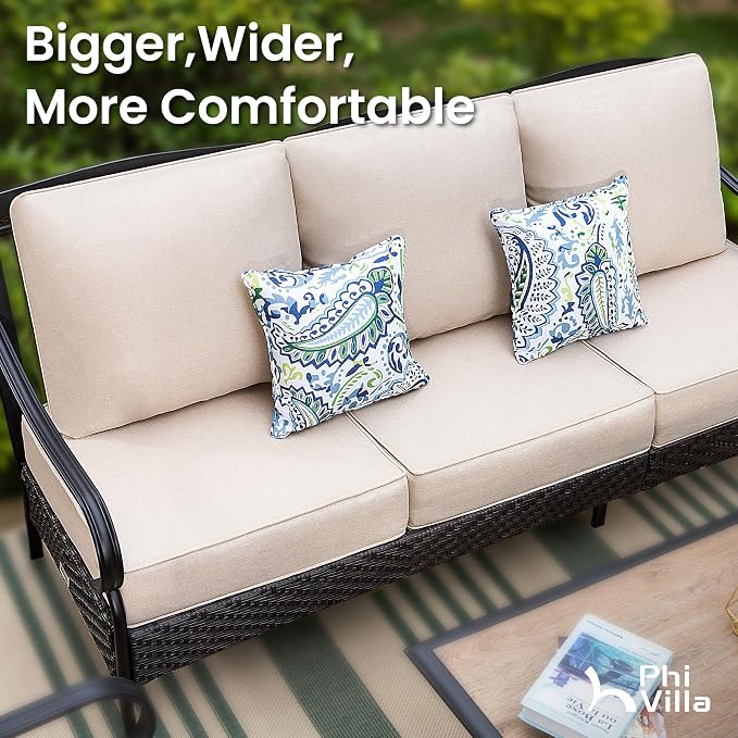 PHI VILLA Wicker & Metal Outdoor Patio Couch,3-Seat Patio Sofa with Deep Seating for Front Porch, Deck, Balcony, Backyard, Sunroom