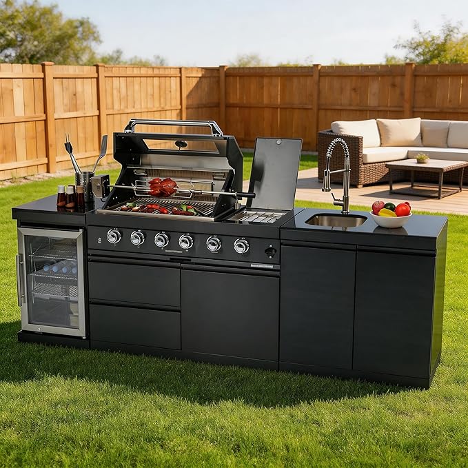 98-Inch Modular Propane Outdoor Kitchen Island, All-in-One Patio BBQ Grill with Refrigerator, Sink & Storage for Backyard Lawn, Black