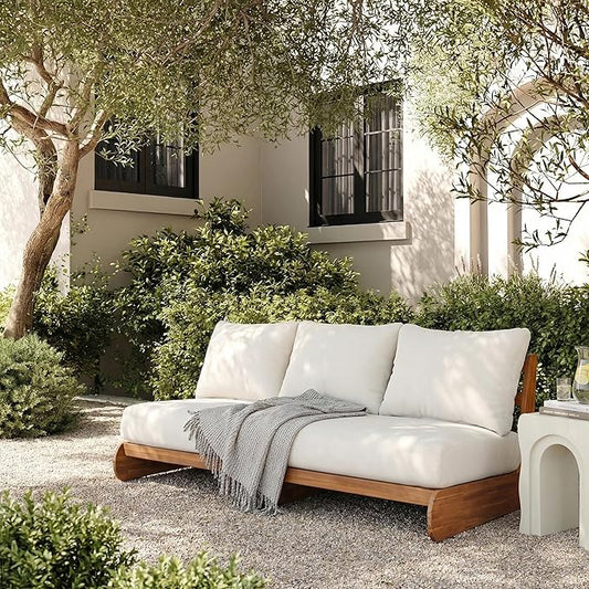 Merax Outdoor Acacia Wood Sofa with All-Weather Cushions, Patio Low 3-Seater Lounge Sofa for Porch, Lawn, Backyard, Balcony, Beige +Teak