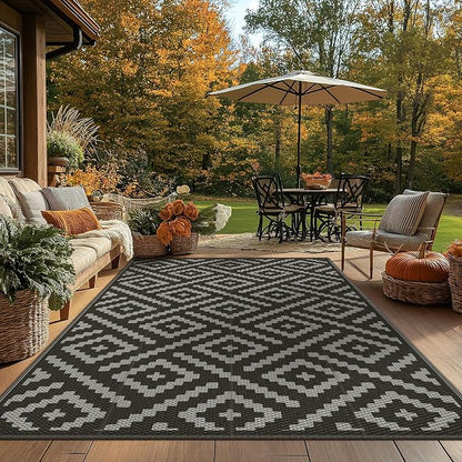 GENIMO Outdoor Rug, Waterproof Plastic Rugs for Patio, 8'x10' Black Grey | Outside Larger Modern Carpet Mat for Porch Decor, Deck, Balcony, Camping, RV, Backyard, Picnic, Beach, Reversible, Foldable