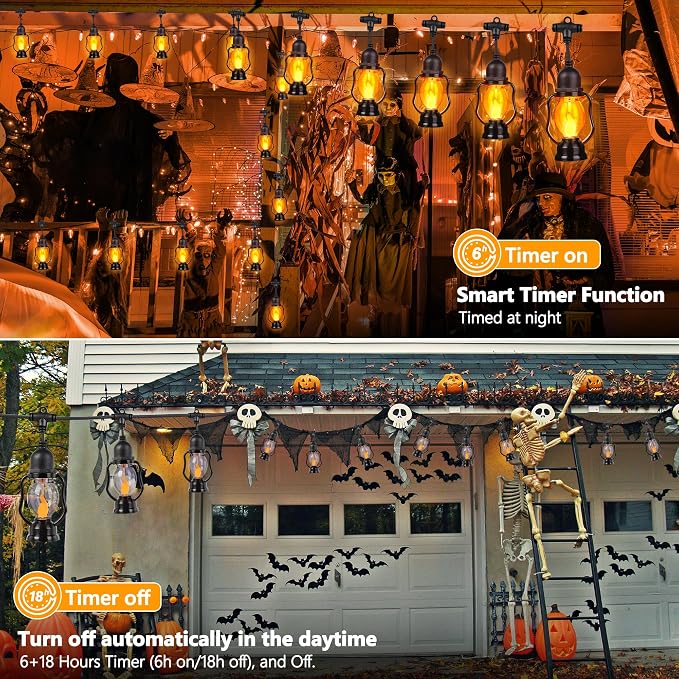 Halloween Flame String Lights,21FT Orange Halloween Lights with 10 Bulb | Flickering Flame, Timer, Waterproof LED Outdoor Patio Lights for Yard Garden Bistro Porch Indoor Outdoor Halloween Decor