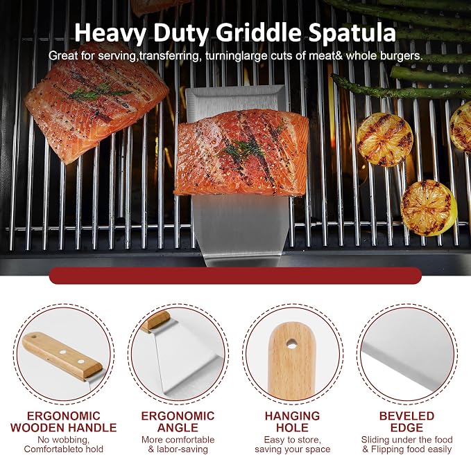 Stainless Steel Metal Spatula Set, 4 Pcs Teppaniyaki Griddle Accessories - Grill Burger Turner Long Pancake Flipper Griddle Scraper for Flat Top Cast Iron BBQ, Wooden Handle, Easy to Clean