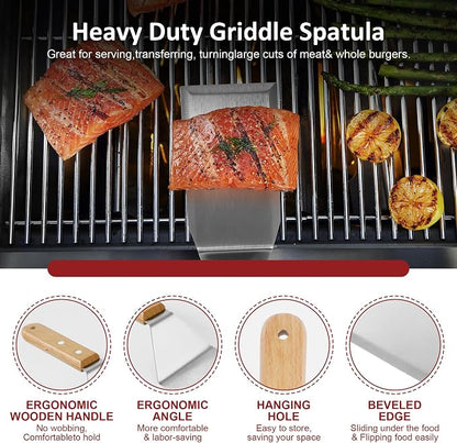 Stainless Steel Metal Spatula Set, 4 Pcs Teppaniyaki Griddle Accessories - Grill Burger Turner Long Pancake Flipper Griddle Scraper for Flat Top Cast Iron BBQ, Wooden Handle, Easy to Clean