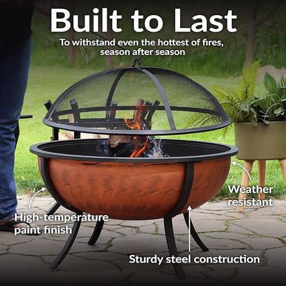 Sunnydaze 32-Inch Fire Pit for Outside - Wood-Burning Fire Pit Bowl with Spark Screen, Wood Grate, and Poker - Copper
