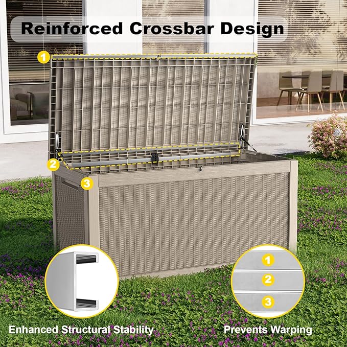 PatioZen 320 Gallon Large Resin Deck Box, Lockable Outdoor Storage Box for Patio Cushions Storage Furniture,Garden Tools, Pool Supplies, Weatherproof and UV Resistant (Grey)