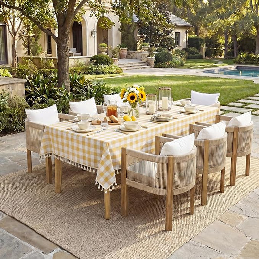 Softalker Checkered Tablecloth Rectangle, Outdoor Linen Cotton Gingham Table Cloth with Tassel, Heavy Duty Wrinkle Free Buffalo Plaid Table Cover for Kitchen Dining Home Party - 55 x 102 Inch, Yellow
