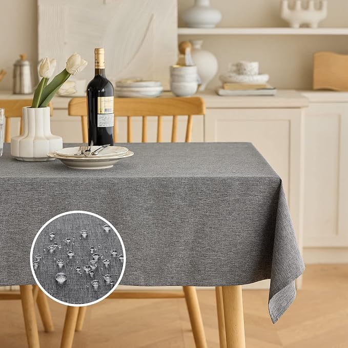 Decorelia Faux Linen Waterproof Tablecloth,Dark Grey,144" x 60" (Rectangular)