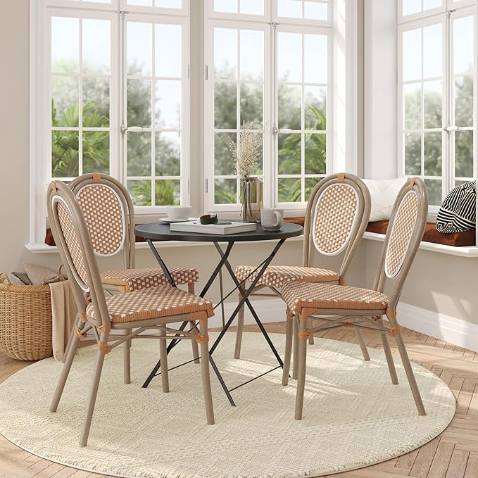 Flash Furniture Lourdes Indoor/Outdoor Commercial Thonet Bistro Stack Chair - NAT/White PE Rattan Back and Seat - Light Natural Bamboo Print Metal Frame - 4 PK