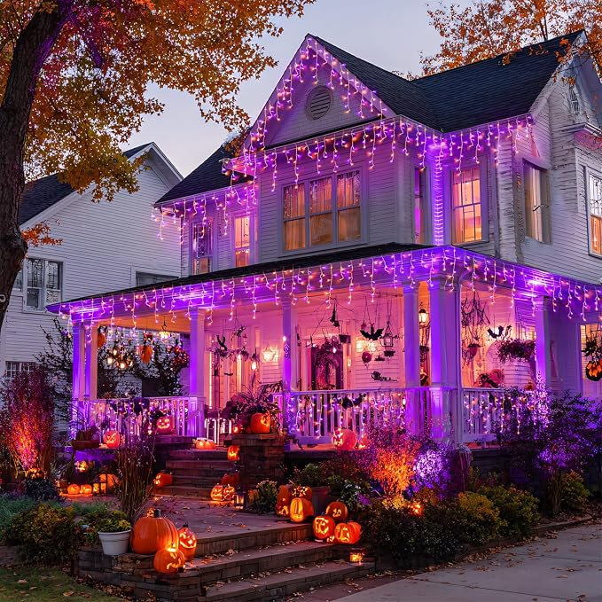 JMEXSUSS Orange and Purple Halloween Lights Outdoor, 400 LED 38.8 FT | Connectable Icicle Light Outdoor Waterproof, 8 Modes Halloween Lights Plug in for House Christmas Party Decorations