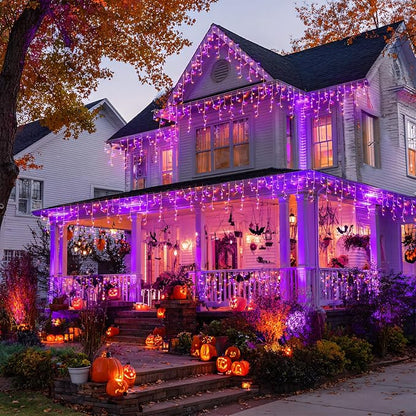 JMEXSUSS Orange and Purple Halloween Lights Outdoor, 400 LED 38.8 FT | Connectable Icicle Light Outdoor Waterproof, 8 Modes Halloween Lights Plug in for House Christmas Party Decorations