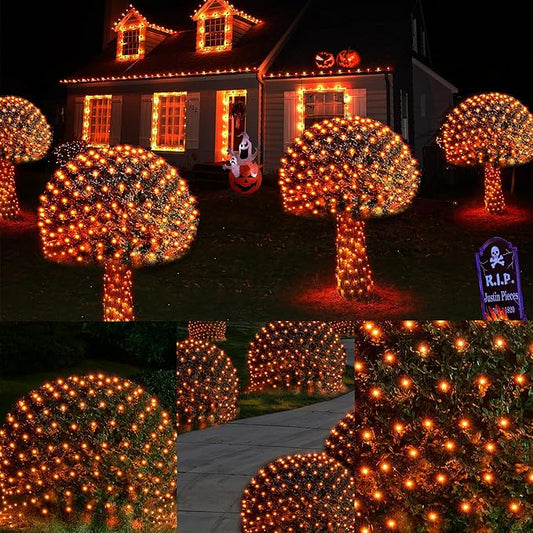 WBao Halloween Lights Outdoor 200LED 8.4ft x 5.2ft Orange Net Lights with 8 Modes, Timer, UL Certified, Connectable, Waterproof & Dark Green Wire for Lawn, Bushes, Trees, Outdoor Halloween Decorations