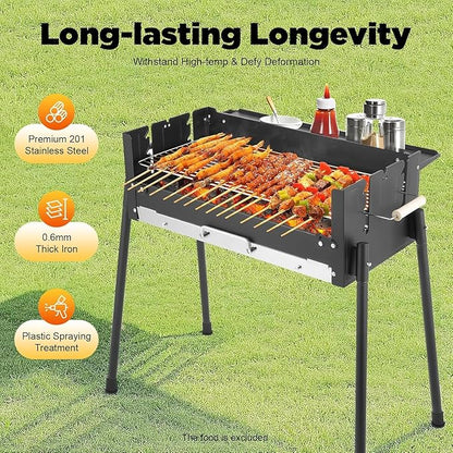 Portable Charcoal Grill with 3-Gear Height Adjustment – 3-8 Person 201 Stainless Steel Freestanding BBQ for Backyard Camping & Family Cookouts w/25.79x11.42in Cooking Surface