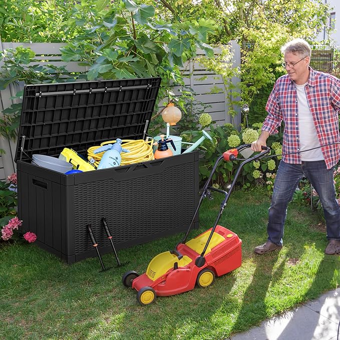 Greesum 100 Gallon Resin Deck Box Large Outdoor Storage with Cushions for Patio Furniture, Garden Tools, Pool Supplies, Weatherproof and UV Resistant, Lockable, Black