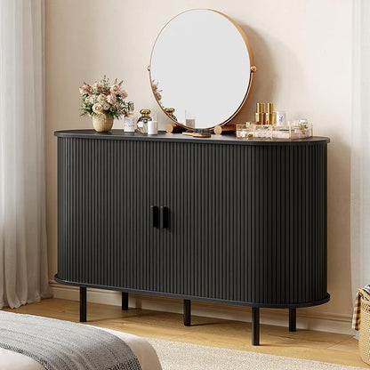 Buffet Sideboard Cabinet with Storage, 48" Fluted Cabinet with Sliding Door & Adjustable Shelf, Modern Accent Coffee Bar Console Table for Kitchen, Entryway, Black