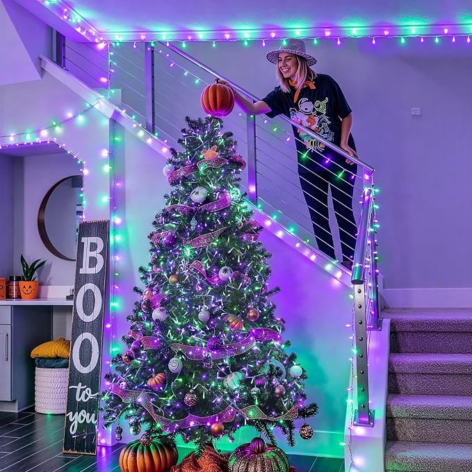 JMEXSUSS 2 Pack 66FT 200 LED Battery Operated Halloween Lights with Remote | Purple and Green Halloween Lights Indoor Outdoor, 8 Modes String Lights for Outside Yard Tree Front Porch Room House
