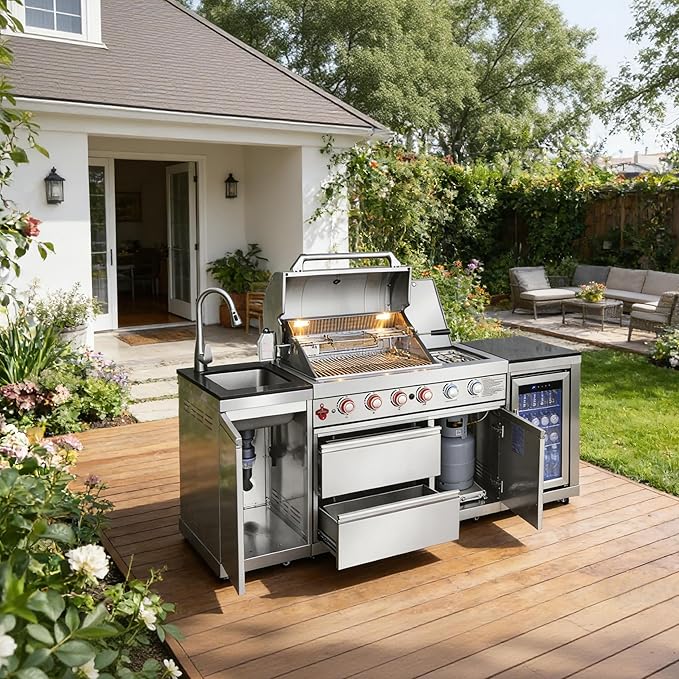 Outdoor Kitchen Island with Side Burn,4+1 Burner Modular Kitchen with Grill Station Cabinetry,304 Stainless Sink, Fridge, BBQ Set for Patios & Backyards (Stainless, 86 in-Side Burn)