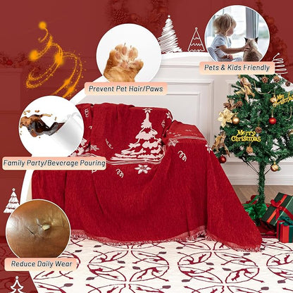 MYSKY HOME Couch Covers for Pets Thick Chenille Christmas Red Sofa Slipcover Non Slip Soft Couch Sofa Cover, Washable Furniture Protector Sofa Slipcover with Tassel for Kids, Dogs, 71"x118"