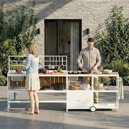 ENSTVER Modular Outdoor Kitchen with All-Aluminum Island & Cabinets, Stainless Steel Sink, Food-Safe Countertop, Outdoor Kitchen Island for Patio, Deck, Backyard,White