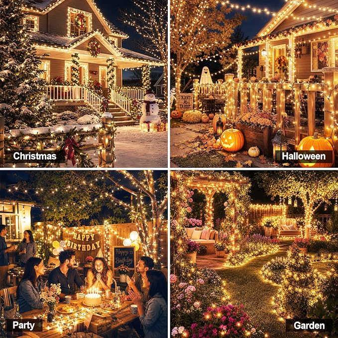 Solar String Lights Outdoor 2 Pack Total 66FT 200LED Solar Fairy Lights Waterproof 8 Modes Twinkle Solar Lights for Patio, Garden Yard Party Wedding Tree Christmas Halloween Decoration, Warm White