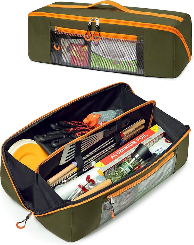 Marscamd 22” Grill Tool Storage Bag with Dual Inner Compartments, Wide-Open Grill Utensil Storage Bag for Grill, Griddle and Barbecue Tools, Green (No Accessories)