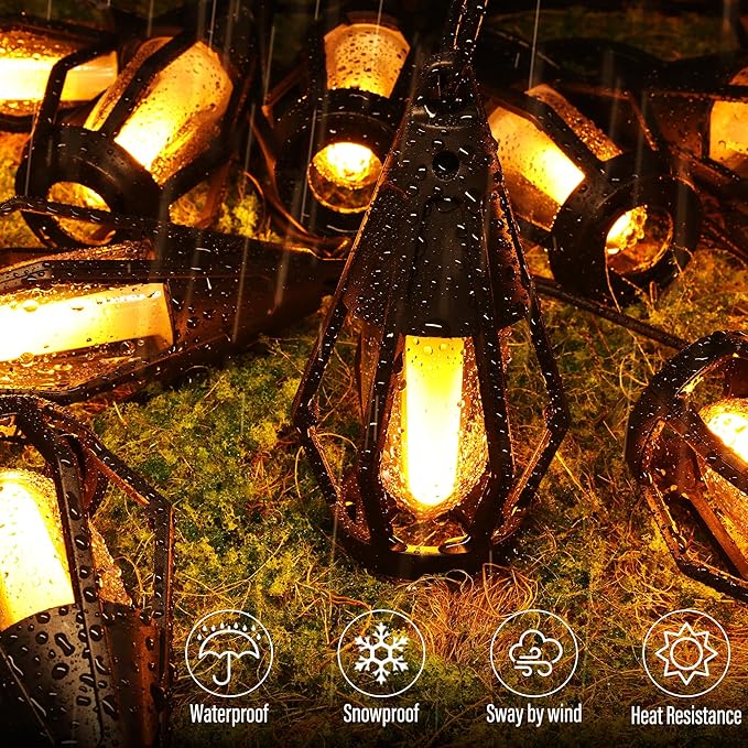 Flacchi Solar String Lights Outdoor, 41FT Flame Solar Powered Patio Lights with 15 Bulbs 150 LEDs, Waterproof Outdoor String Lights for Garden Yard Patio Decor, Outside Decor for Party Camping BBQ