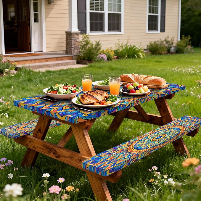 Fitted Picnic Table Cover with Bench Covers,Blue Bohemian Waterproof Elastic Edges Rectangle Patio Tablecloth Outdoor Camping Essentials Stuff Rv Accessories Summer Travel Trip Camper Gifts