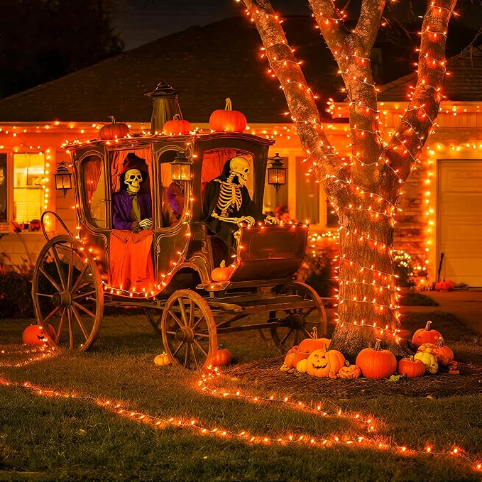 JMEXSUSS 33FT 100 LED Orange Lights for Halloween, Battery Operated | Halloween Lights Outdoor Indoor, 8 Modes Remote String Lights for Yard Tree Front Porch Room House Fence Xmas Decor