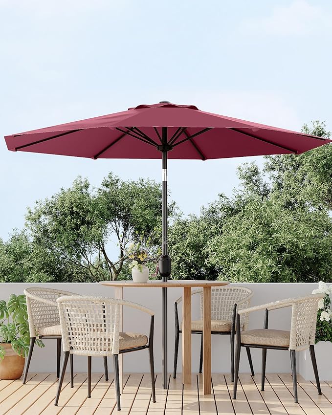 GarveeLife 9 ft Patio Umbrella, Outdoor Table Market Umbrella with Push Button Tilt and Crank, 8 Sturdy Ribs UV Protection Waterproof for Garden, Deck, Backyard, Pool (Dark Red)