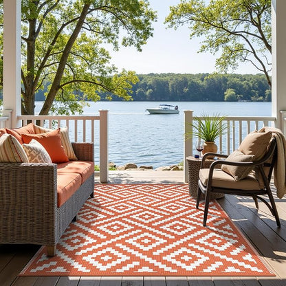 GENIMO Outdoor Rug, Waterproof Plastic Rugs for Patio, 6'x9' Orange White | Outside Larger Modern Carpet Mat for Porch Decor, Deck, Balcony, Camping, RV, Backyard, Picnic, Beach, Reversible, Foldable