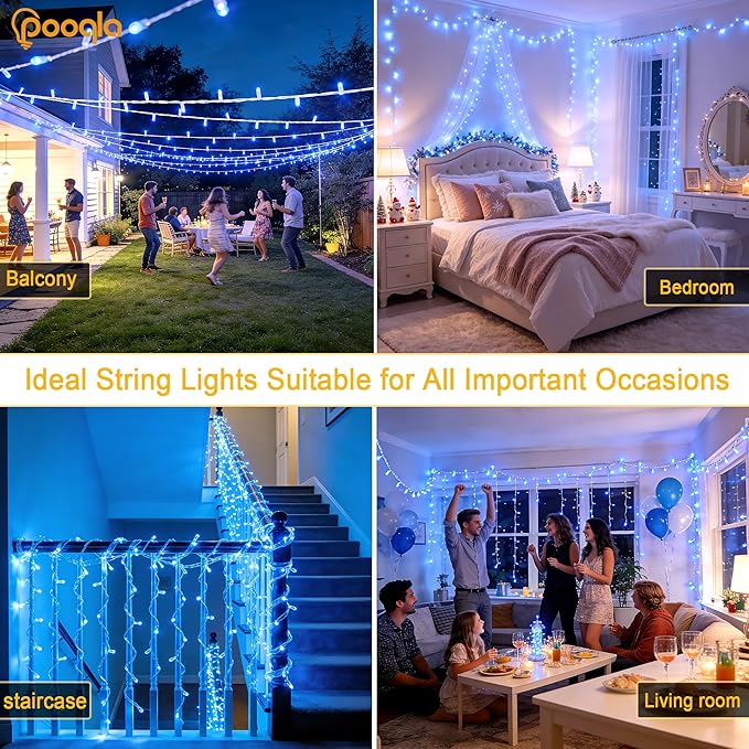 Pooqla Christmas Blue String Lights, 200 LED 66 ft Indoor and Outdoor Lights, 8 Modes Holiday Fairy Light for Xmas Tree Home Yard Patio Wedding Party, Christmas Decoration, Blue