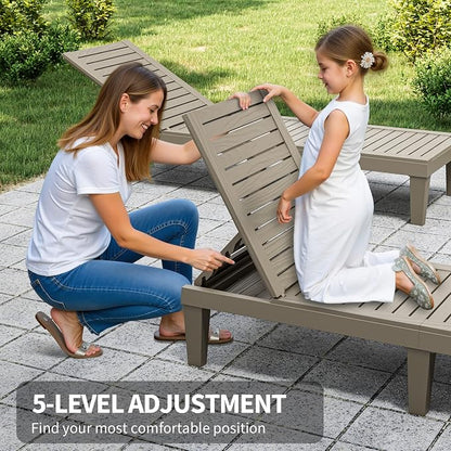 Outdoor Chaise Lounges, Patio Lounge Chair (Grey Wood Grain, Set of 2) | Wood-Grain HDPE, 5-Position Recline, 300 lbs, Indoor/Outdoor, Waterproof, All Weather Resin.
