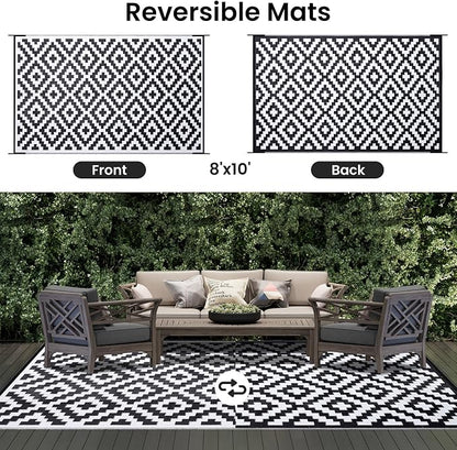 Smiry Outdoor Rug 8x10 ft Waterproof Reversible Boho Mat, Black & White | Polypropylene Plastic Straw, Quick Drying, Lightweight Foldable, for Patio, Deck, RV Camping, Backyard and Indoor Outdoor Use