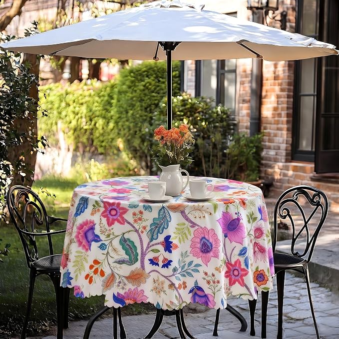 60 Inch Outdoor Round Tablecloth with Umbrella Hole and Zipper, Spillproof Wrinkler-Free Paisley Patio Table Cover for Spring Summer Backyard Party BBQ Decor