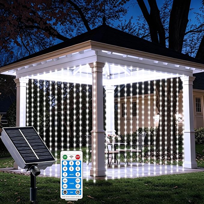 Solar Curtain Lights Outdoor Waterproof, 300LED 9.8x9.8FT Fairy String Lights with USB-C & Solar Charging, Remote Timer Twinkle Waterfall Lights for Patio Garden Wedding Decor (Cool White)