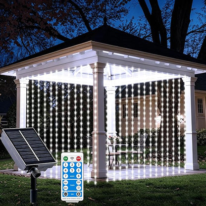 Solar Curtain Lights Outdoor Waterproof, 300LED 9.8x9.8FT Fairy String Lights with USB-C & Solar Charging, Remote Timer Twinkle Waterfall Lights for Patio Garden Wedding Decor (Cool White)