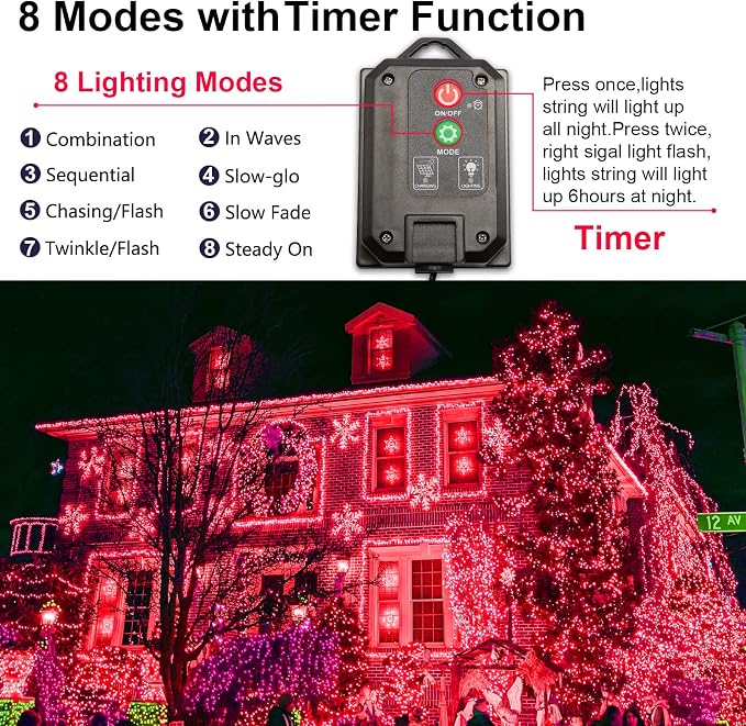 Solar Christmas Halloween String Lights, Red 200Led, Outdoor | 2 Pack Total 400Led 144Ft 8 Mode, IP44 Waterproof Outside Fairy Lights for Tree, Garden, Patio, Lawn, Party, Yard Decorations