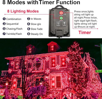 Solar Christmas Halloween String Lights, Red 200Led, Outdoor | 2 Pack Total 400Led 144Ft 8 Mode, IP44 Waterproof Outside Fairy Lights for Tree, Garden, Patio, Lawn, Party, Yard Decorations