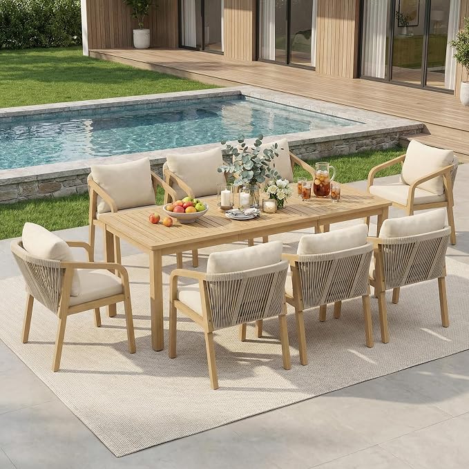 Wisteria Lane 9 Pieces Acacia Wood Outdoor Patio Table and Chairs Set for 8 | Modern Outdoor Dining Set with Umbrella Hole Table, Patio Table Set with Cushion for Backyard Deck Garden Porch
