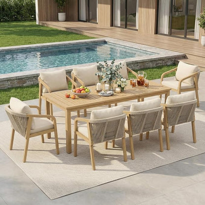 Wisteria Lane 9 Pieces Acacia Wood Outdoor Patio Table and Chairs Set for 8 | Modern Outdoor Dining Set with Umbrella Hole Table, Patio Table Set with Cushion for Backyard Deck Garden Porch