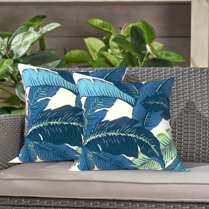 LVTXIII 2 Pack Outdoor Throw Pillow Covers for Patio Furniture, 16x16 Inch Square Pillow Case, Water-Repellent Cushion Covers for Garden, Porch, Sofa, Swaying Palms Blue