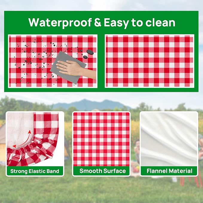 Vinyl Fitted Picnic Table Cover with Bench Covers & Bag 6ft Red Checkered | Vinyl Fitted Picnic Table Cover with Bench Covers and Bag, Outdoor Waterproof Windproof Picnic Tablecloth with Elastic Edges.